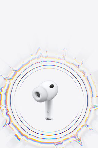 Bezdrátové sluchátko AirPods Pro 3 se silikonovým špuntem obklopené kruhovou zvukovou vlnou